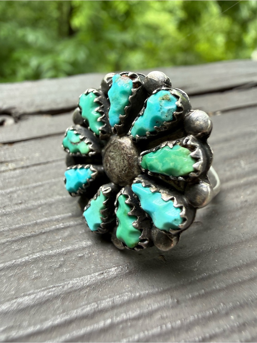 Sterling silver turquoise native Zuni flower ring